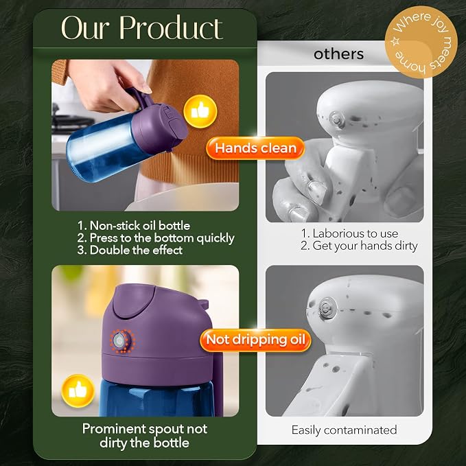 YARRAMATE 16oz/470ml Light-Blocking Dark Oil Sprayer for Cooking, 2 in 1 Olive Oil Dispenser Bottle for Kitchen, Premium Blue Glass Oil Bottle, Food-Grade Oil Mister for Air Fryer, BBQ (Purple)
