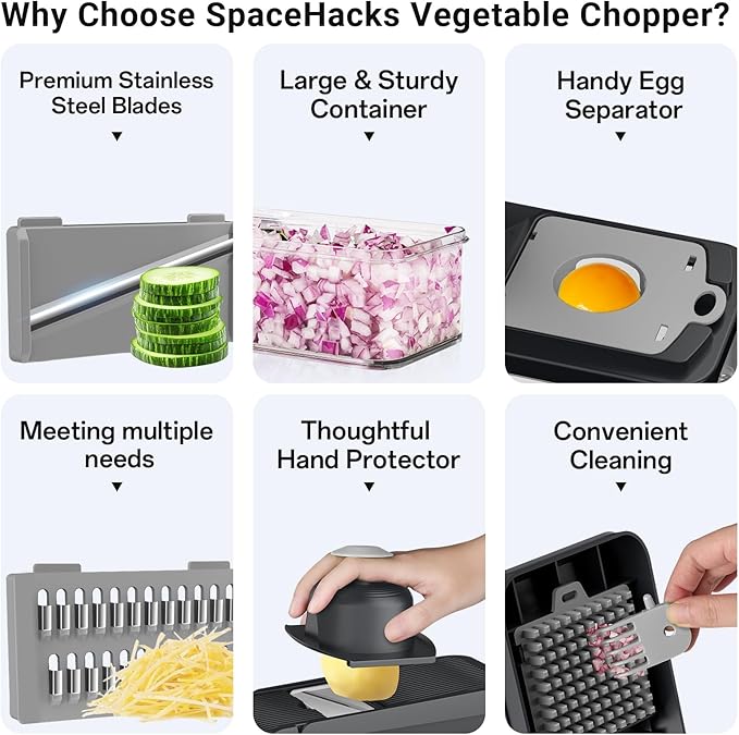 SpaceHacks 12-in-1 Vegetable Chopper, Kitchen Gadgets with 7 Blades, Veggie, Food, Onion Chopper, Cucumber Slicer, Versatile Mandoline, Includes Egg Separator & Finger Guard, Gray