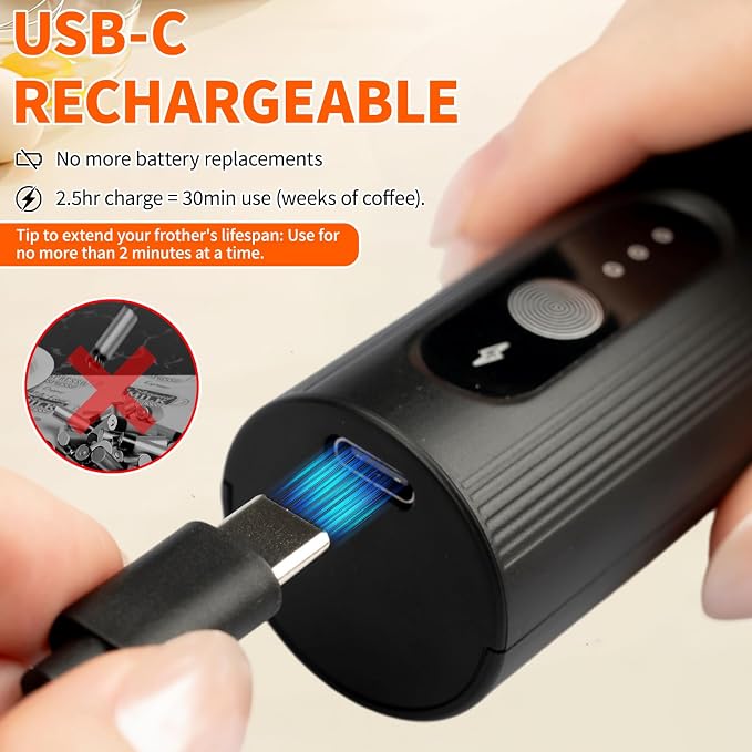 TonJin Rechargeable Milk Frother Handheld with Travel Cover, 3-Speed Adjustable Electric Whisk for Coffee, Latte, Cappuccino, Matcha, Powerful Dual Coil Foam Maker, USB-C Charging Drink Mixer Wand
