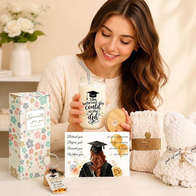 Graduation Gift for Her 2026 - 16oz Glass Cups with Lids and Straws, Coffee Mug Gift Set for Women, College Graduate Gift Box, Master Degree Doctorate Nursing PHD, Congrats Class of 2026 (White 3)