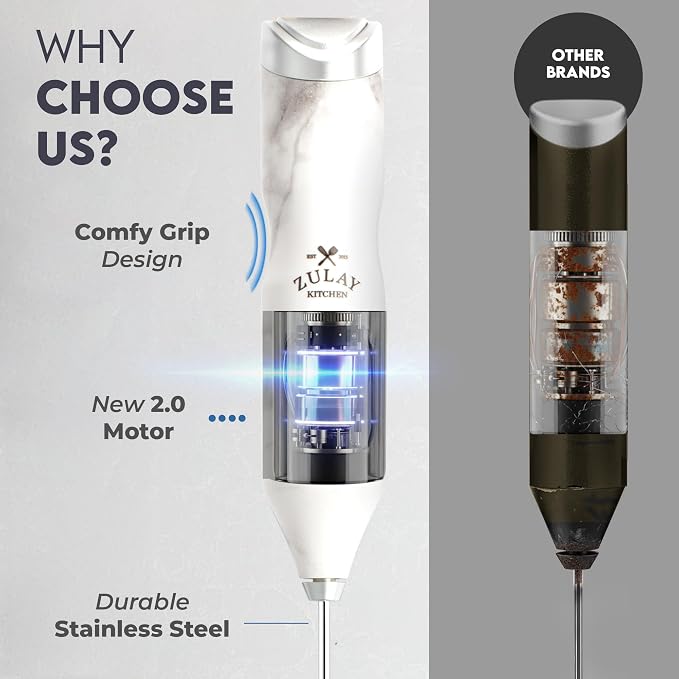 Zulay Kitchen Powerful Frother Wand AA Batteries Included, Ultra Fast Handheld Drink Mixer, Comfort Milk Frother, Stainless Steel Whisker, Frother Handheld for Coffee, Protein & Matcha - Frothmate 2.0