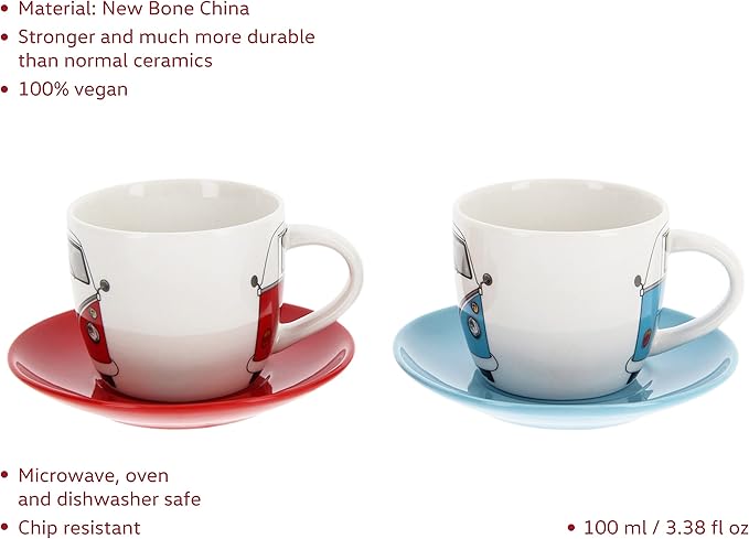 BRISA VW Collection - Volkswagen Espresso Cups Coffee-Tea-Cappuccino Set in T1 Bus Campervan Design (Bus Front/100ml/3.4 fl oz) (Set of 2 (red, blue))