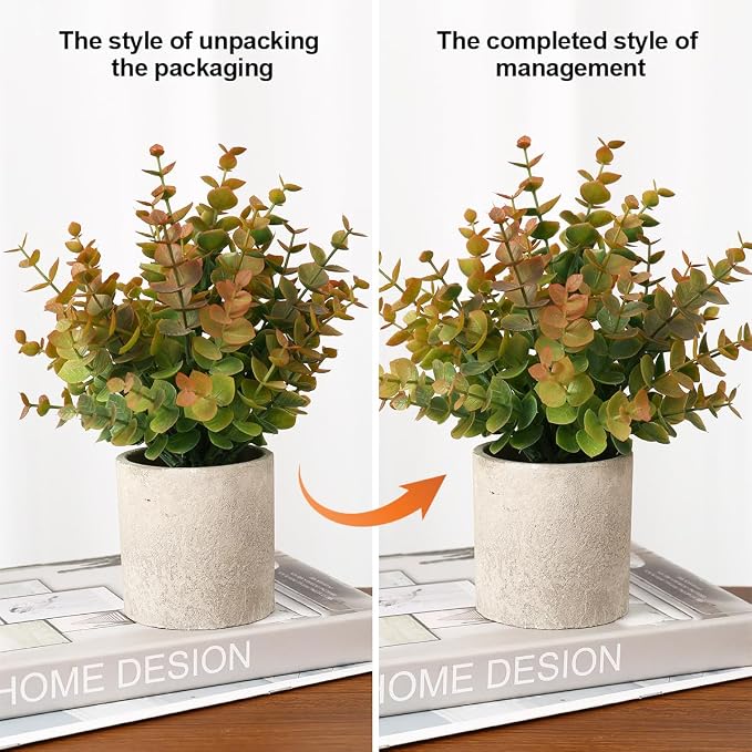 Coferset 2 Pack Small Fake Plants Eucalyptus Potted Artificial Plants for Shelf Desk Home Bathroom Farmhouse Room Coffee Table Decor Fall Decor (Yellow)