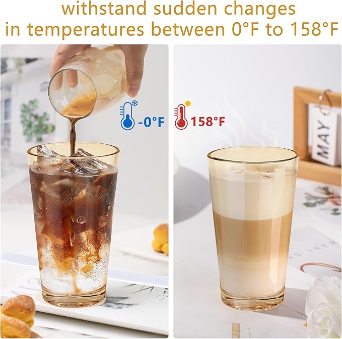 15oz Iced Coffee Glass Cup Set of 2 with Lid Straw Thick Leak Proof Drinking Glasses Tumbler for Gift Cold Drink Smoothie Boba Tea(Amber & Clear)