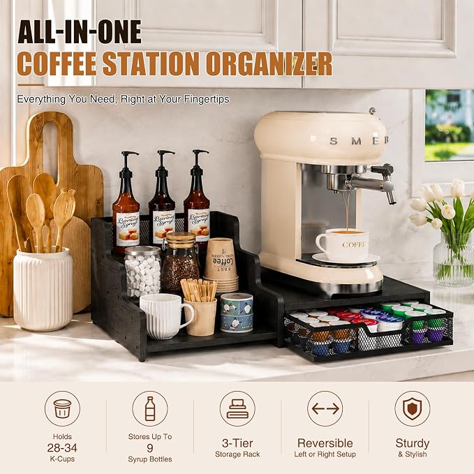 Coffee Station Organizer with K Cup Holder, 28 Pod Capacity,3-Tier Syrup Rack with Coffee Pod Holder Drawer, Coffee Bar organizer Countertop for Accessories,Black