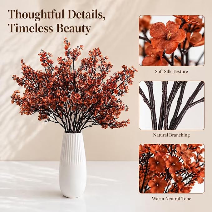 Mandy's Burnt Orange Artificial Baby’s Breath Flowers 15 Bundles Silk Gypsophila, 18.5 Inch European Style Modern Home Decor Centerpiece, Neutral Wedding Flower Arrangements