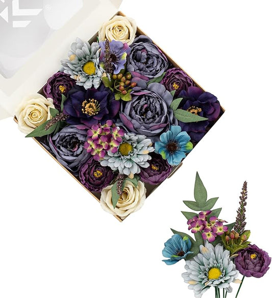 FANKO Artificial Flowers for DIY, Purple Dusty Gray Bule White Faux Flowers Bouquet, Fake Rose Peony Daisy Silk Flowers for Vase, Home Decor, Rustic Wedding, Gothic Events, Party, Anniversaries