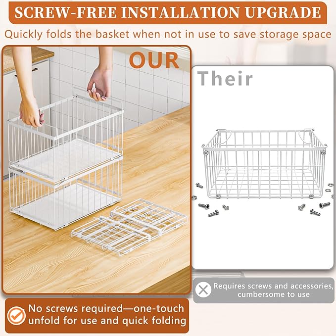 Large Freezer Organizer Bins, Upgrade One-Touch Open/Close, for 5-9 Cu.Ft Deep Freezer, 4 Pack Stackable Deep Freezer Organizer Bins, Black Wire Foldable Baskets White 4 Pack