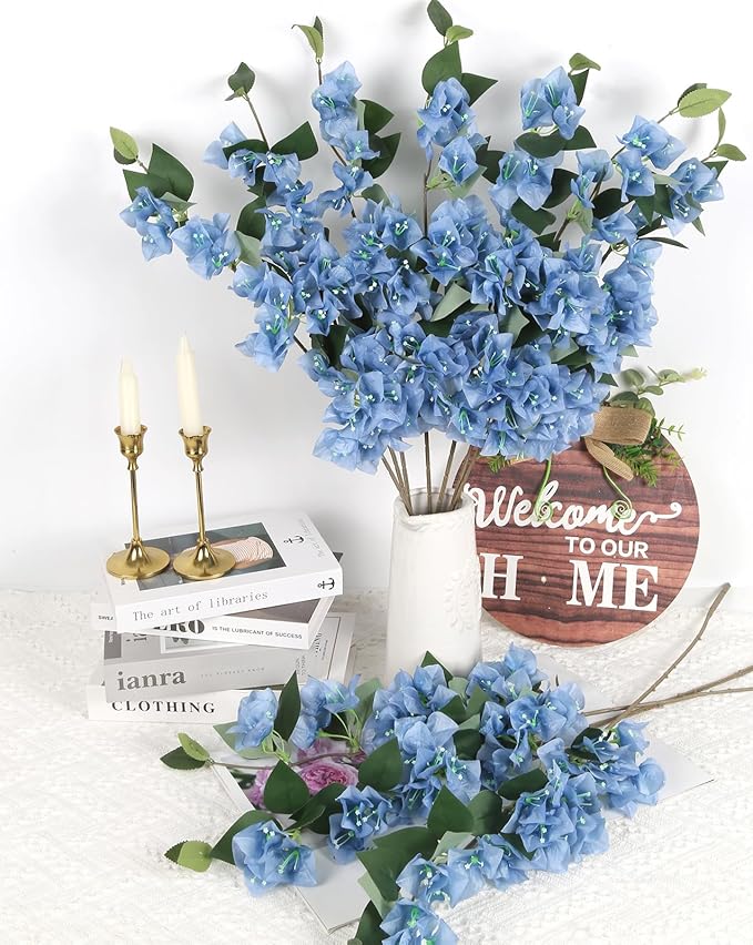 10PCS Bougainvillea Artificial 29.50" Blue Bougainvillea Silk Flowers Vines Faux Bougainvillea Flower Stems Fake Flowers Branches for Home Garden Decoration Wedding Table Centerpieces (Blue)