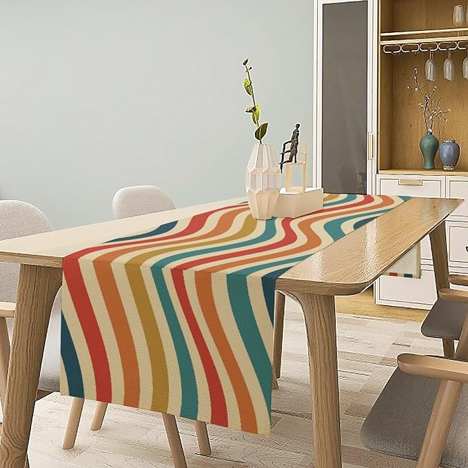 Retro Groovy Rainbow Table Runner Vintage Abstract Wavy Swirl Twisted Colorful Hippie Dinner Runner for Farmhouse Country Home Kitchen Dining Table Party Holiday Decor 13x60in