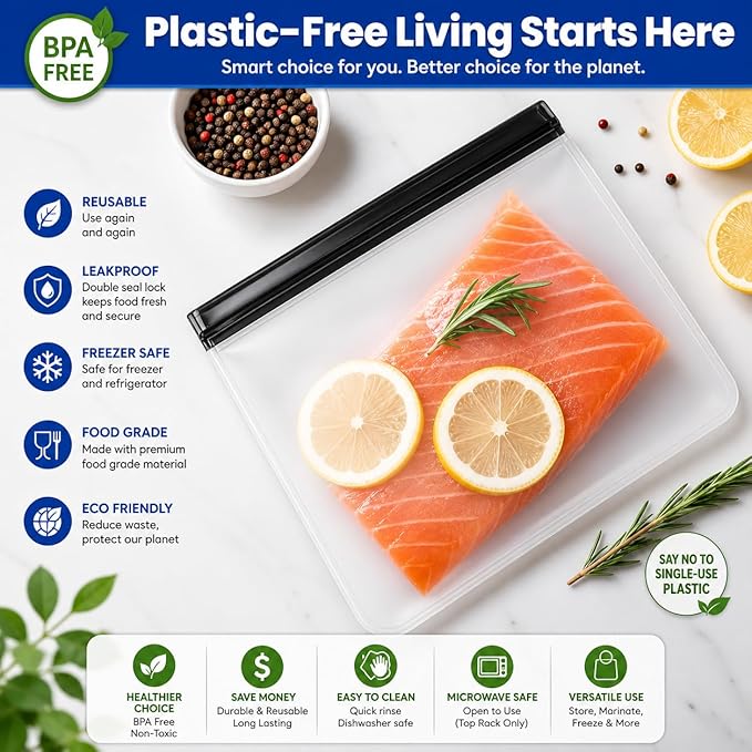 24-Pack Reusable Silicone Food Storage Bags, Leakproof Ziplock Set | Includes 8 Small, 8 Medium & 8 Large | Freezer-Safe & Eco-Friendly for Kitchen, Meal Prep & Travel