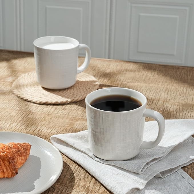 famiware Moonlight Coffee Mug Set of 4, 14oz Mug Set with Linen Finish, Coffee Cup Set with Handle for Latte, Cappuccino, Tea, Hot Cocoa, Microwave and Dishwasher Safe, White