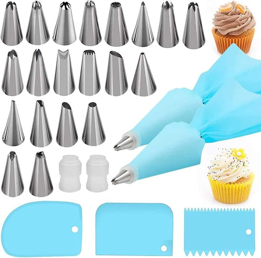 Silicone Icing Piping Bag,Reusable Cream Pastry Bag and 20× Stainless Steel Nozzle Set DIY Cake Decorating Tool(20×Nozzle, 2×Icing Cream Pastry Bag and 2 X Converter and 3×Scraper)