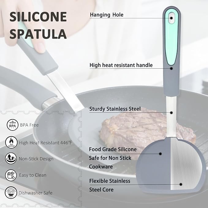 Tongjude 5 Pieces Silicone Spatula Set, Heat Resistant Non-Stick Kitchen Utensils, Silicone Turner Spatulas for Cooking, Frying & Pancake, Light Grey