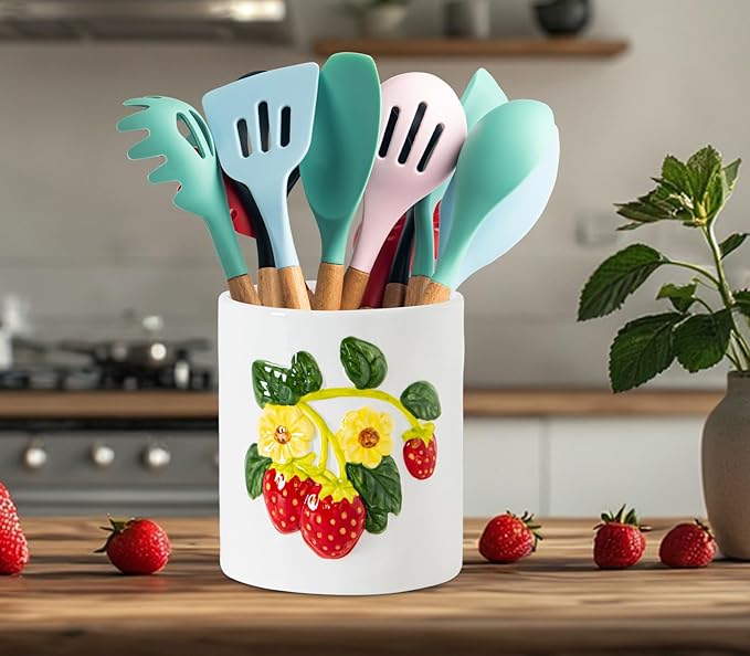 dgudgu Strawberry Kitchen Utensil Holder for Countertop Ceramic Utensil Crock for Kitchen Counter with Carved Strawberry Vine Design White Farmhouse Counter top Organizer for Spoons,Spatulas (yellow)