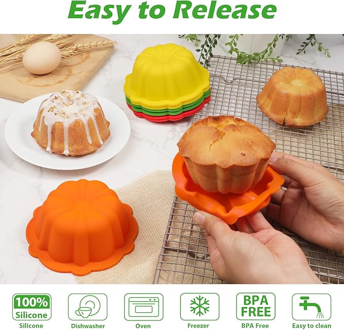 Webake 4 Inch Silicone Mini Cake Pan Set of 8, Nonstick BPA Free Fluted Tube Cake Pans for Baking, Muffins, Cupcakes