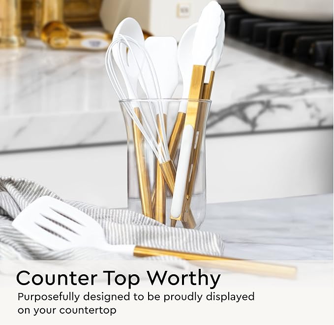 Gold Kitchen Utensils Set – 6 PC White Silicone and Gold Cooking Utensils with Spatula, Whisk, Tongs, Spoons, Cooking Tools for Nonstick Cookware – Luxury Kitchen Accessories for Home Chefs
