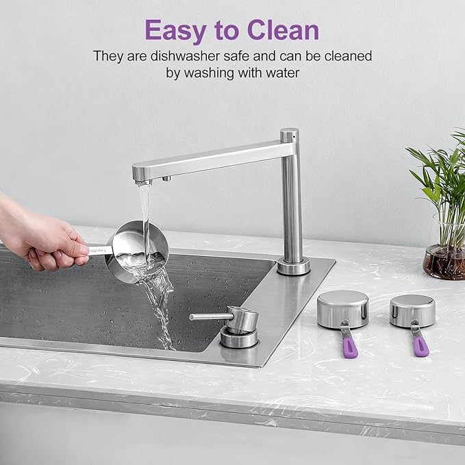 Bopei Measuring Cups and Spoons Set Stainless Steel 10 Piece for Cooking and Baking (5 Cups + 5 Spoons, Purple Handle)