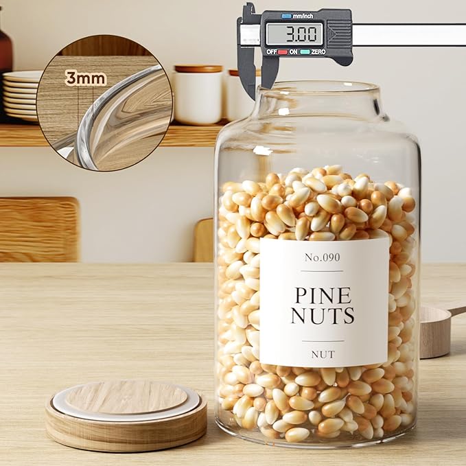 2 PCS Flour Sugar Storage Containers Glass, Large Glass Food Storage Jars with Wood Airtight Lids, 132 Pantry Labels and 2 spoon for Coffee, Flour, Sugar, Spice (98 oz/2800 ml)