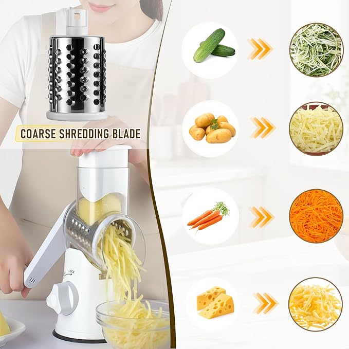 Rotary Cheese Grater Hand Crank Cheese Shredder, Kitchen Mandoline Vegetable Slicer for Fresh Cheese, Vegetable, Nuts, Non-slip Suction Base, 3 Blades