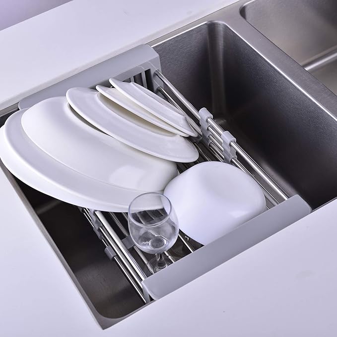 Dish Drying Rack, Stainless Steel Dish Drainer with Adjustable Arms Holder Functional Kitchen Sink Organizer for Vegetable and Fruit, Gray Large
