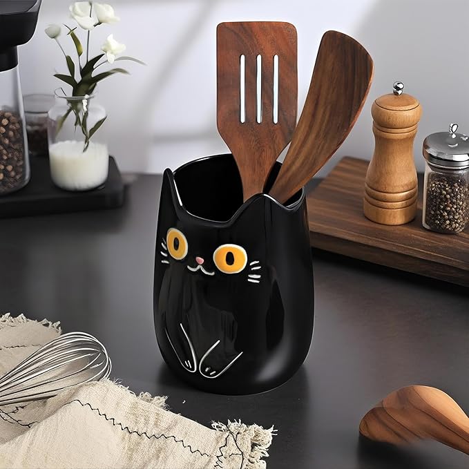 SOCOSY Black Cat Ceramic Kitchen Utensil Holder For Countertop, Cooking Utensil Crock Holder Spatula Holder