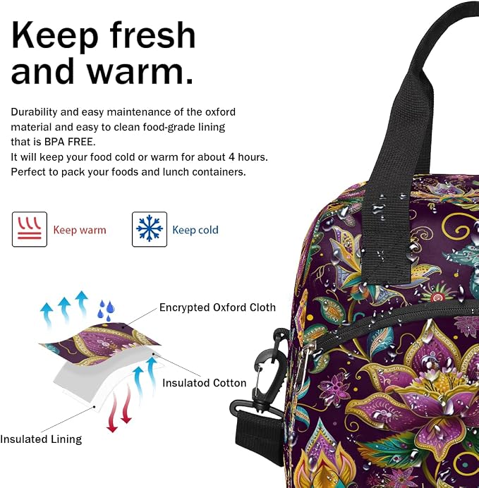 Pardick Ethnic Flower Purple Insulated Lunch Bag for Women Girl Reusable Lunch Tote Box With Shoulder Strap Lightweight Thermal Cooler Meal Prep Bag for Work School Office Picnic