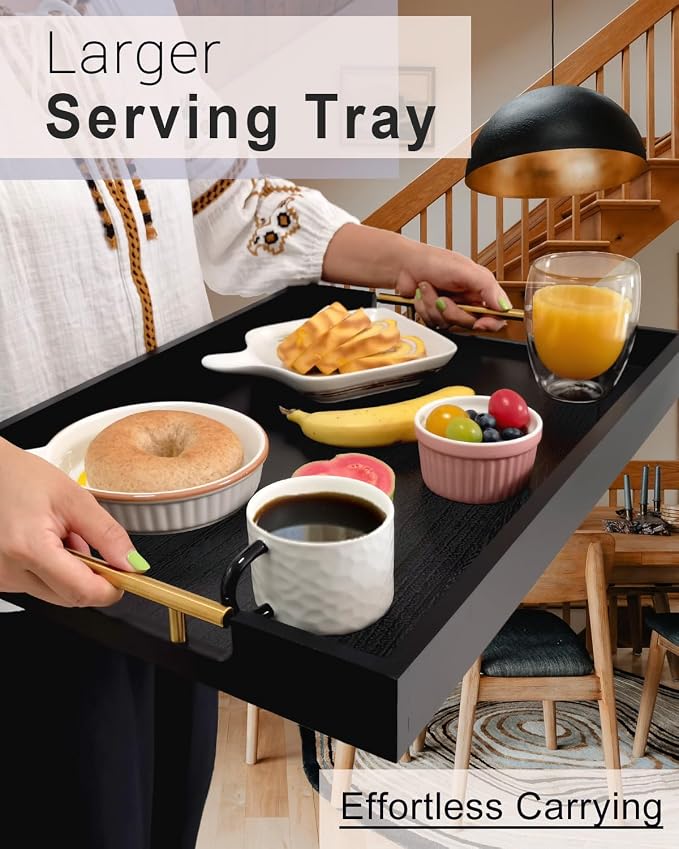 22 inches Black Wooden Ottoman Serving Tray with Golden Metal Handles | Large Rectangular Decorative Wood Tray for Living Room Kitchen Coffee Table Couch Bed