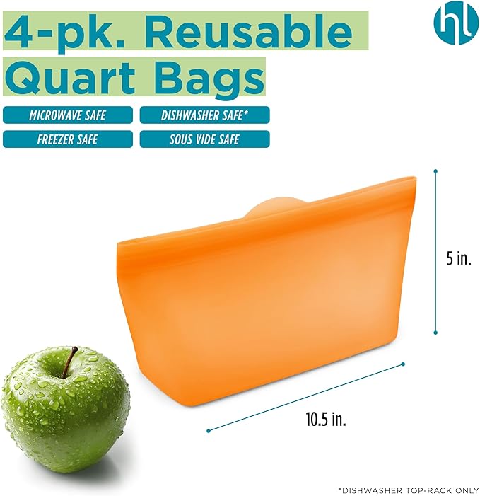 Home Logic Reusable Quart Bags - Set of 4 Firecracker Orange Silicone Freezer Bags, Airtight Leak Resistant Reusable Zip Bags for Kitchen Home Food Prep, Microwave & Sous Vide Safe