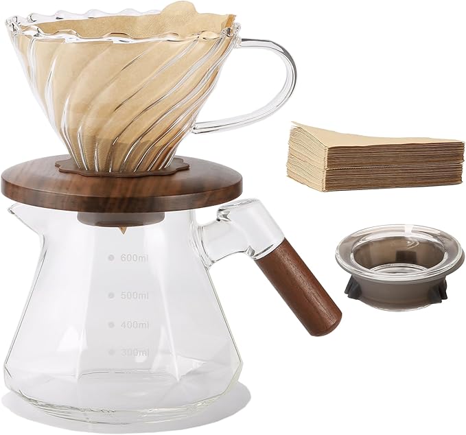 Lalord Pour Over Coffee Maker, 20 oz Borosilicate Glass Set with 100 pcs Paper Filter, Coffee Dripper with Walnut Collar, Coffee Pot with Glass Lid, 1-3 Cups, Clear, (600 ml)