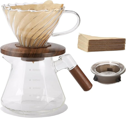 Lalord Pour Over Coffee Maker, 20 oz Borosilicate Glass Set with 100 pcs Paper Filter, Coffee Dripper with Walnut Collar, Coffee Pot with Glass Lid, 1-3 Cups, Clear, (600 ml)