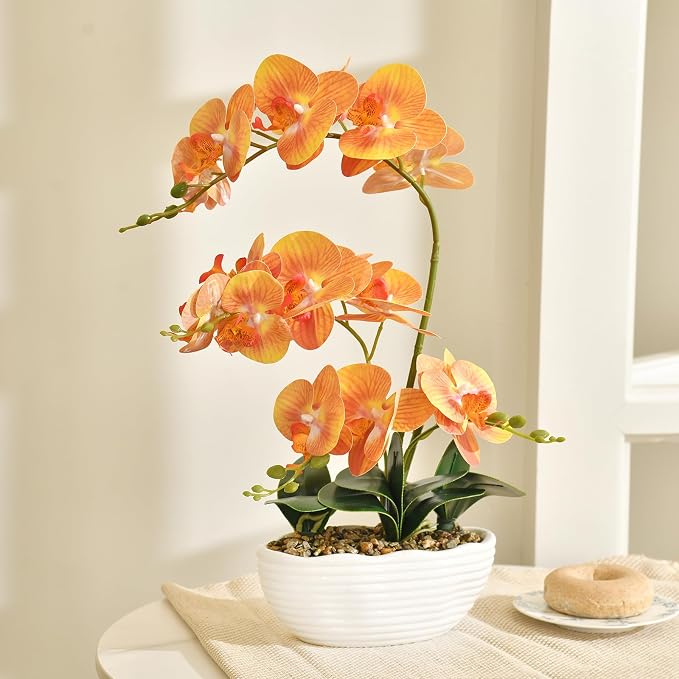 19" H Phalaenopsis Faux Orchid Plant Silk Orchid Centerpiece Artificial Floral Arrangement in Ceramic Pot (Orange)