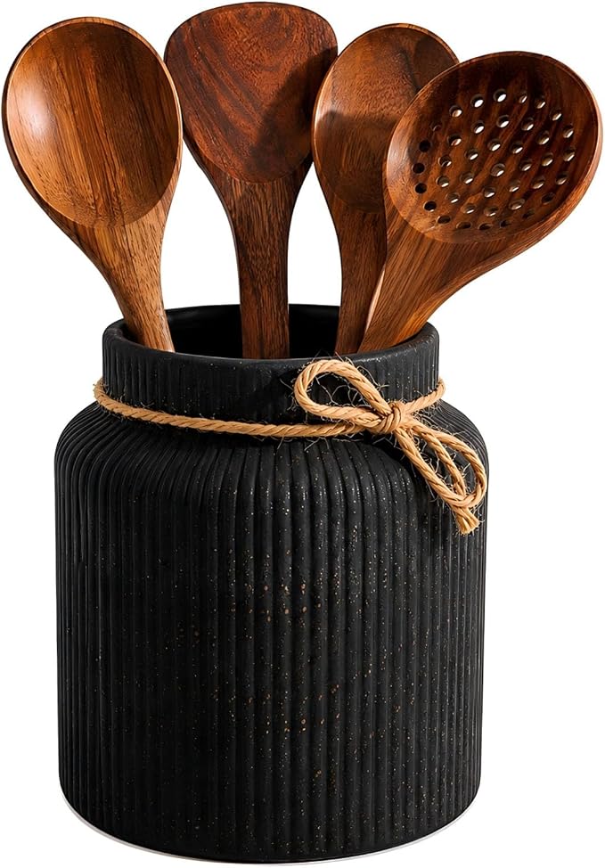 Farmhouse Ceramic Kitchen Utensil Holder for Countertop,Retro Country-Style Vertical-Striped Hemp Rope Design,Modern Kitchen Counter Organizer for Cooking Utensils ,Kitchen Decor & Decorative Vase