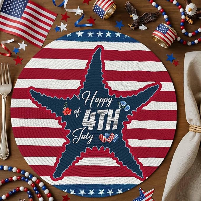 4th of July Round Placemats Set of 8 Happy 4th of July Place Mats Independence Day Woven Placemat Red White Blue Starfish Star Stripes Circle Braided Table Mat for Kitchen Dining Table Party 15 Inch