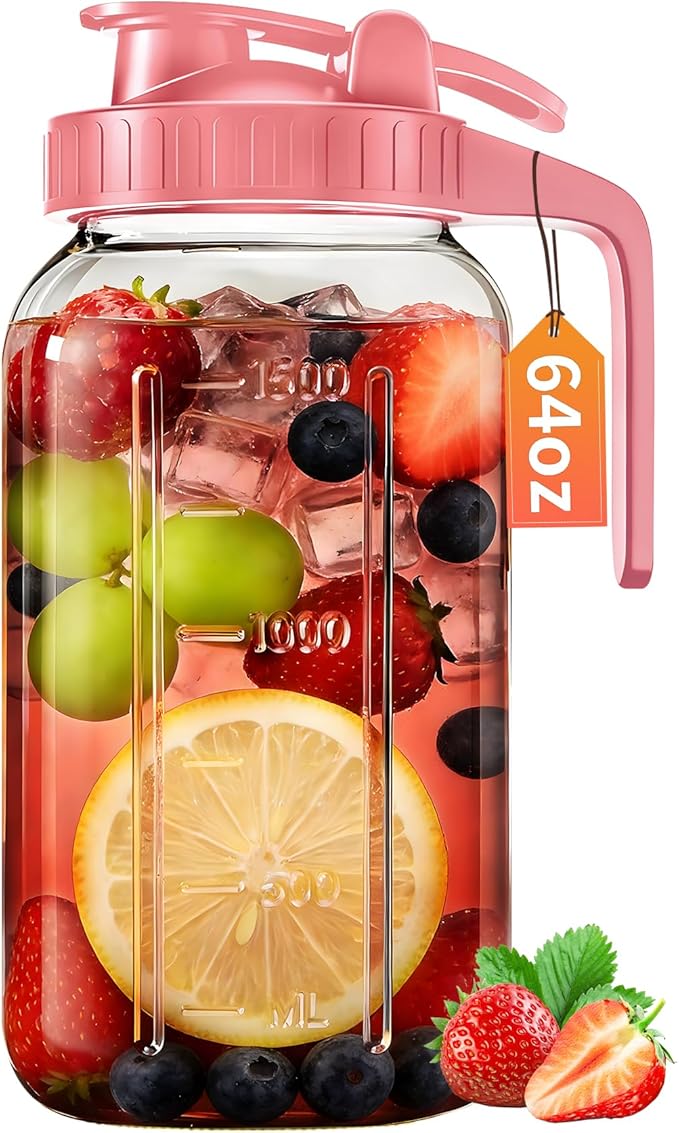 64oz Glass Pitcher with Lid & Spout – 2 Quart Mason Jars, Airtight & Leakproof Breastmilk Pitcher for Cold Brew Coffee, Sun Tea, Water, Juice – Wide Mouth, Fridge Safe