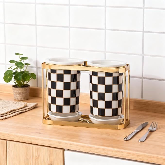 Multi-functional Ceramic Checkered Utensil Crocks, Black & White Grid Kitchen Utensil Storage, Bathroom Checkered Bathroom Toothbrush Holder, Flatware Organizer & Home Accessory (Black)