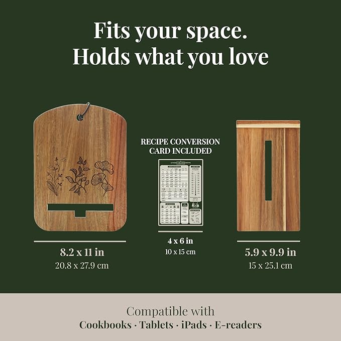 Wooden Cookbook Stand for Kitchen Counter - Reversible Recipe Book Holder with Cooking Measurement Conversion Card - Gift-Ready Adjustable Tablet Cookbook Holder Stand - 11"x8.2"
