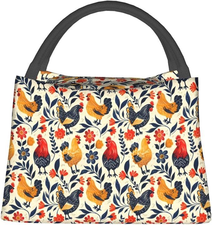 Colorful Farm Chicken Lunch Box for Women Girls Kids Insulated Cartoon Rustic Chicks Lunch Bag for Work Picnic Camping Travel Gifts Large Capacity Cooler Thermal Reusable Tote Makeup Bags
