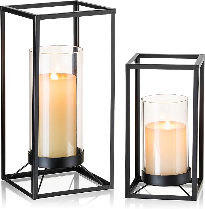 Black Lantern Decorative Indoor Set of 2: Glass Metal Hurricane Candle Holder Modern Farmhouse Lanterns Decor Outdoor for Table Centerpiece Fireplace Wedding
