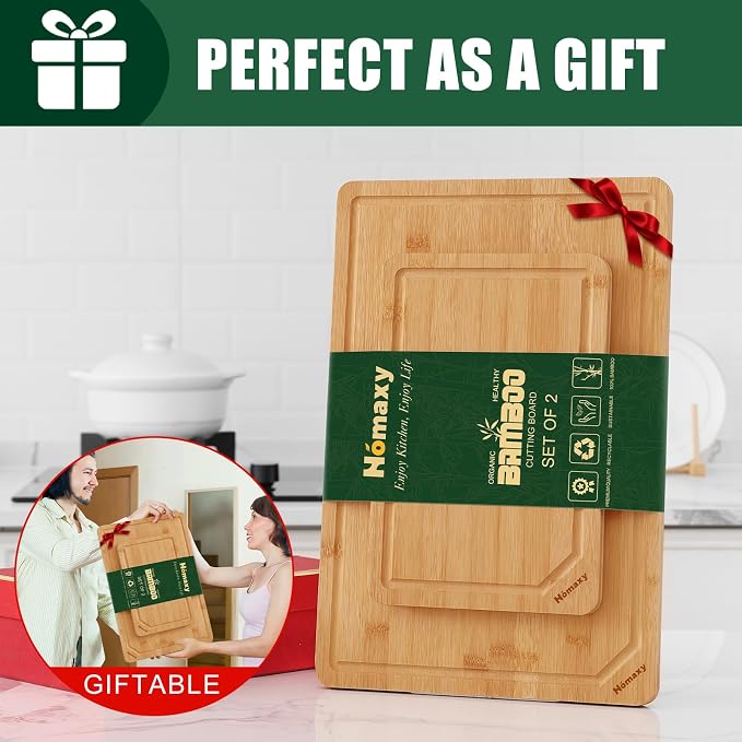 Homaxy Organic Bamboo Cutting Boards Set for Kitchen Set of 2, Wooden Cutting Board Set with Juice Groove and Handles, Charcuterie Serving Tray Wood Chopping Board Set for Meat Fruits & Vegetables