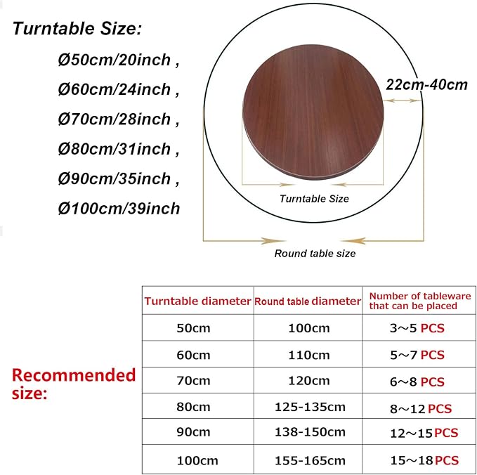 Large Wooden Turntable 360° Rotating Lazy Susan Round 50cm-100cm, Sturdy And Smooth Running, Round Rotating Serving Plate/Swivel Tray, For Passing Things Around The Dinner Table (Color : Red-brown,