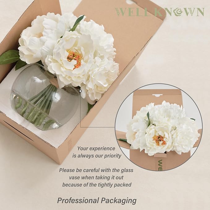WELL KNOWN Artificial Flowers in Vase, Silk White Peonies Flowers with Glass Vase & Faux Water, Fake Flower Arrangement for Home Table Centerpieces Spring Wedding Party Decor Mom's Birthday Gift