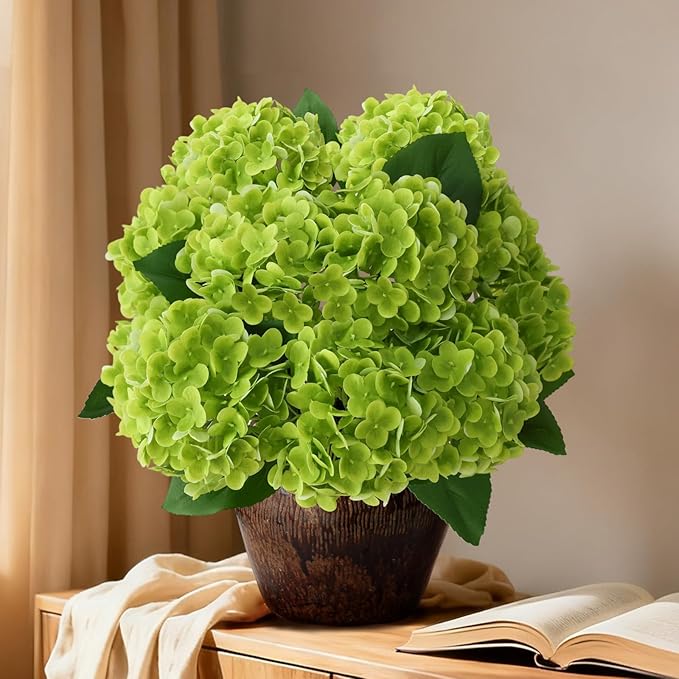 A Bunch 21in, Real Touch Green Hydrangea Artificial Flowers, with 5pcs Flower Head 10pcs Leaves,Faux Hydrangea Flowers for Home Office Decor Wedding Party Arrangements (1, Green)