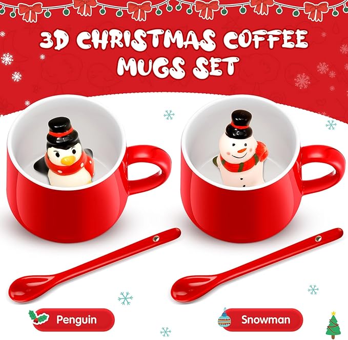 Uiifan 2 Sets 3D Christmas Coffee Mugs with Ceramic Spoon Penguin Snowman Cups 13.5 oz Cute Hot Cocoa Mug Animal Inside Mugs Cartoon Ceramic Cup Christmas Gifts for Women Men Birthday Party Supplies