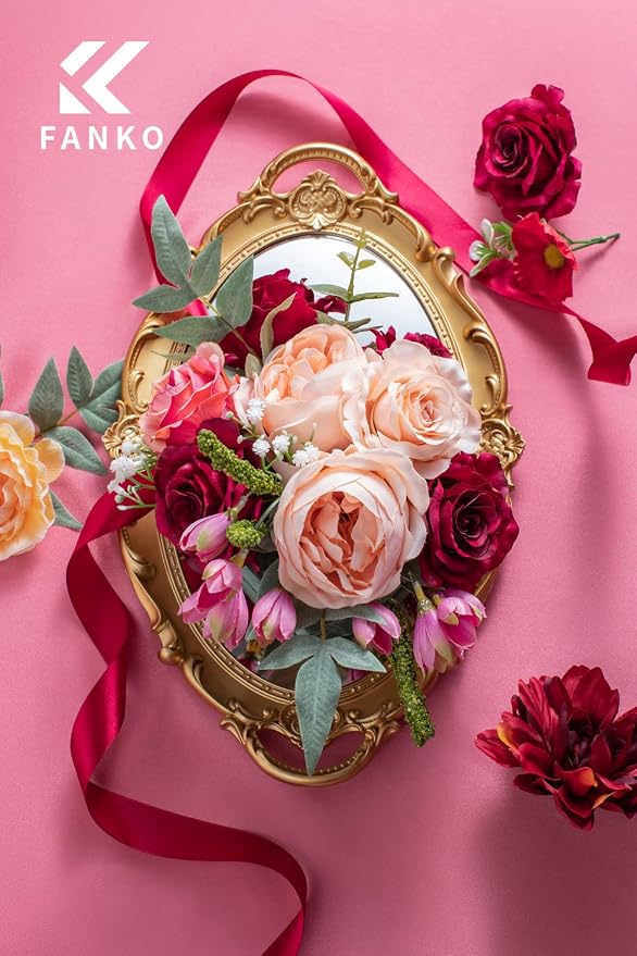 FANKO Artificial Flowers for DIY Bouquet, Burgundy Pink Champagne Faux Rose, Fake Flower Rose Peony for Vase, Floral Arrangement, Centerpieces, Wedding, Home Decor, Party Decoration