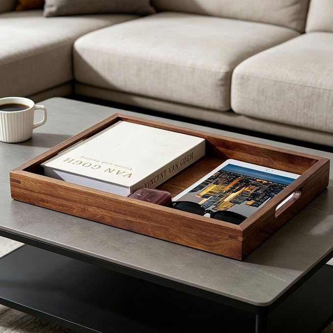 Acacia Wood Serving Trays Set of 2, 17x13 & 16x12 inch Rectangular Ottoman Trays, Decorative Wooden Trays with Handles for Food, Coffee, Tea, Living Room, Kitchen(2 Pack, Brown, 17"+16")