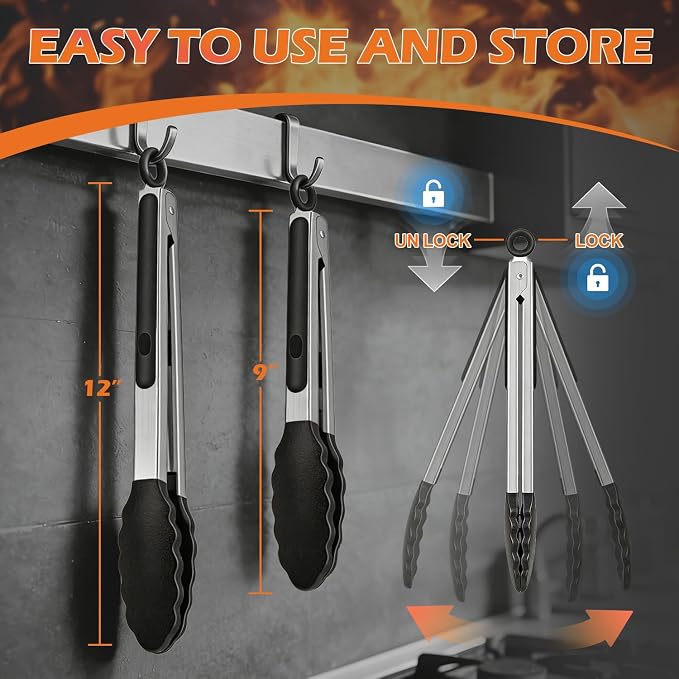 TACGEA Stainless Steel Kitchen Tongs with Silicone Tips, Locking Grilling Food Tongs, 9" and 12", Set of 2 Black