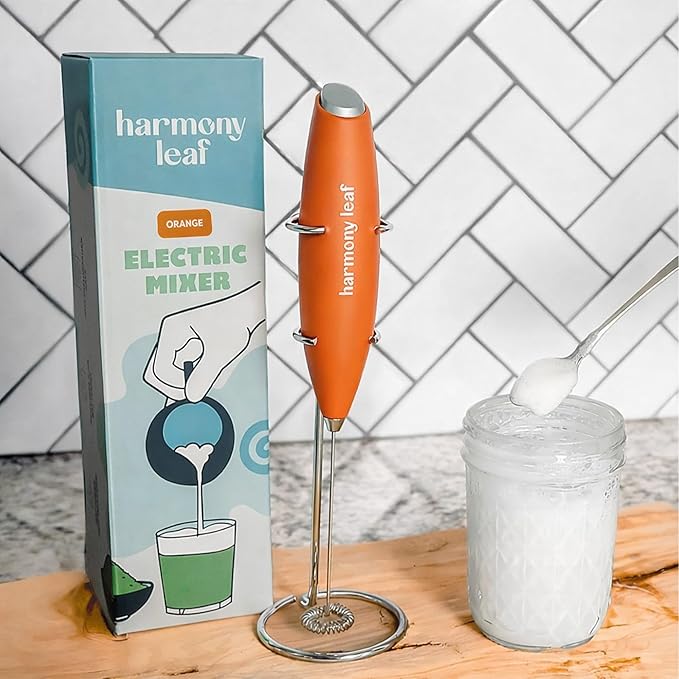 Harmony Leaf Handheld Milk Frother, Stainless Steel Electric Drink Mixer with Stand, Battery Operated Coffee Frother for Lattes, Matcha, Hot Chocolate and More, Orange