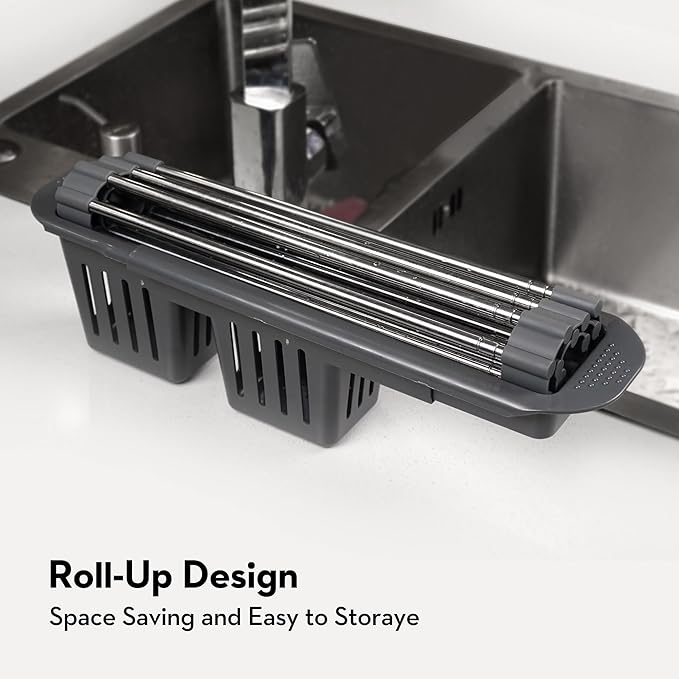 Roll Up Dish Drying Rack Over The Sink, 304 Stainless Stee Dish Drainer, Foldable & Adjustable Sink Drying Rack for Kitchen Sink Counter with Utensil Holder (Gray, Expandable)