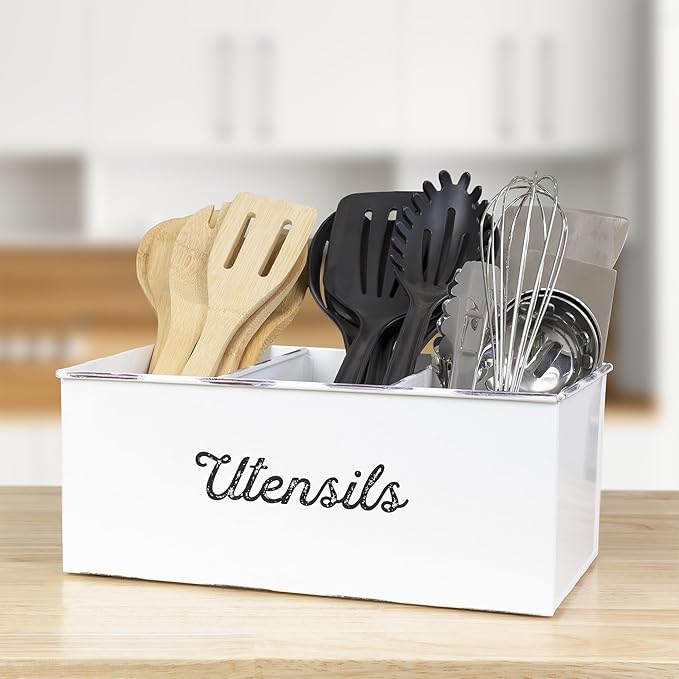 AuldHome Design Large Enamelware Utensil Holder, White Farmhouse Cooking Caddy or Spoons/Forks/Knives Storage for Countertop and Table